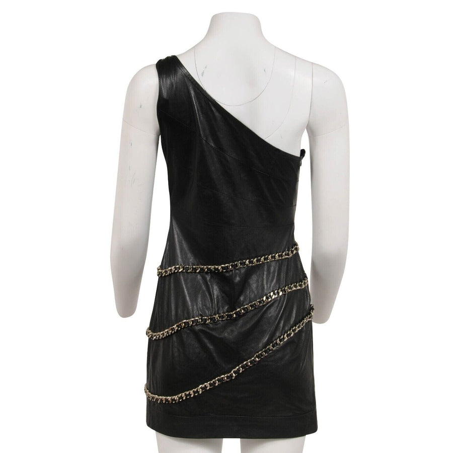 Black Lamb Leather One Shoulder Wrap Chain Mini Dress BALMAIN 