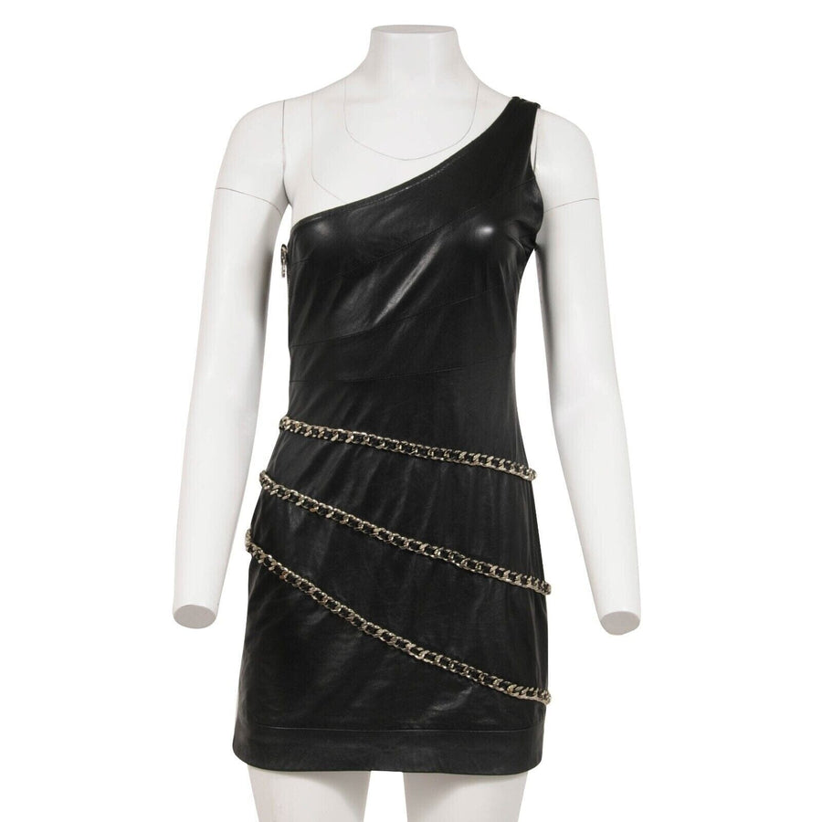 Black Lamb Leather One Shoulder Wrap Chain Mini Dress BALMAIN 