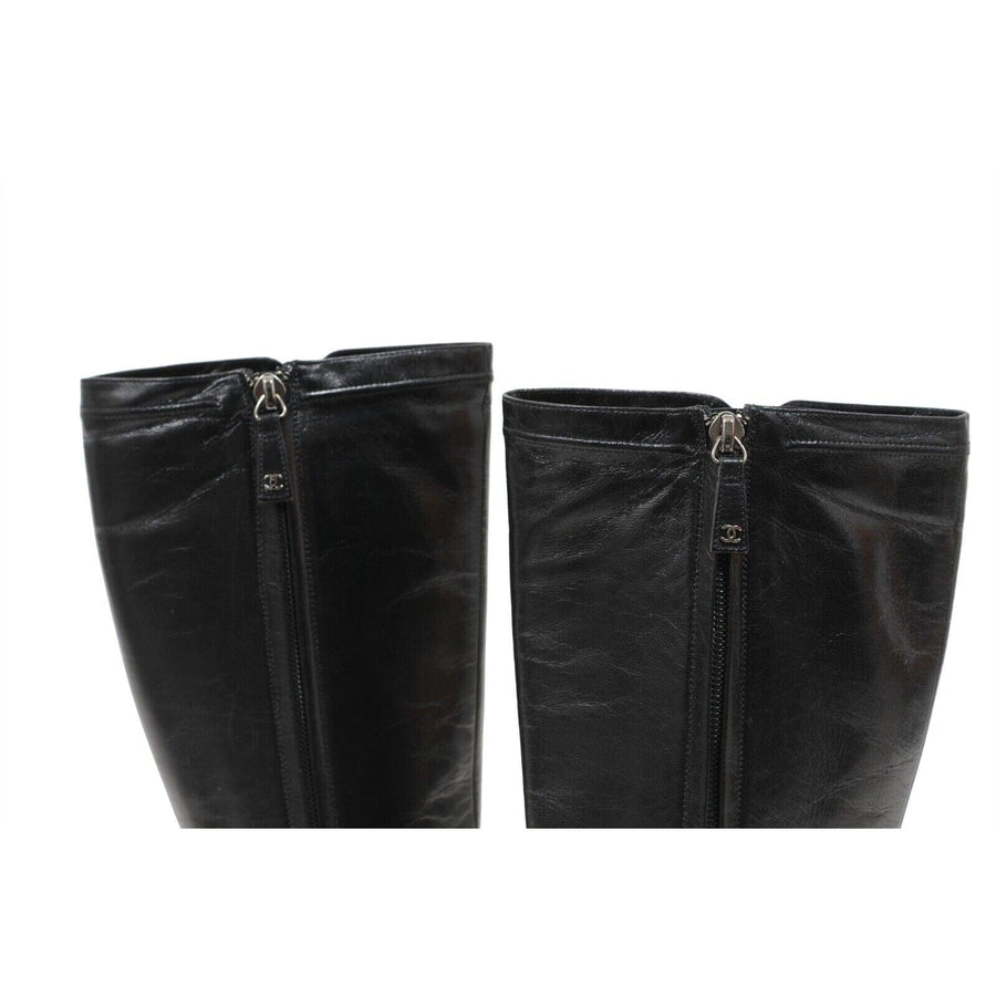 Black Leather CC Logo Pointy Toe Zip Knee High Boots CHANEL 