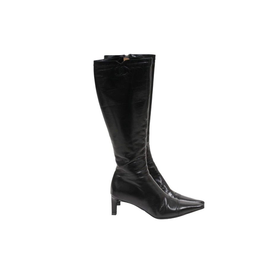 Black Leather CC Logo Pointy Toe Zip Knee High Boots CHANEL 