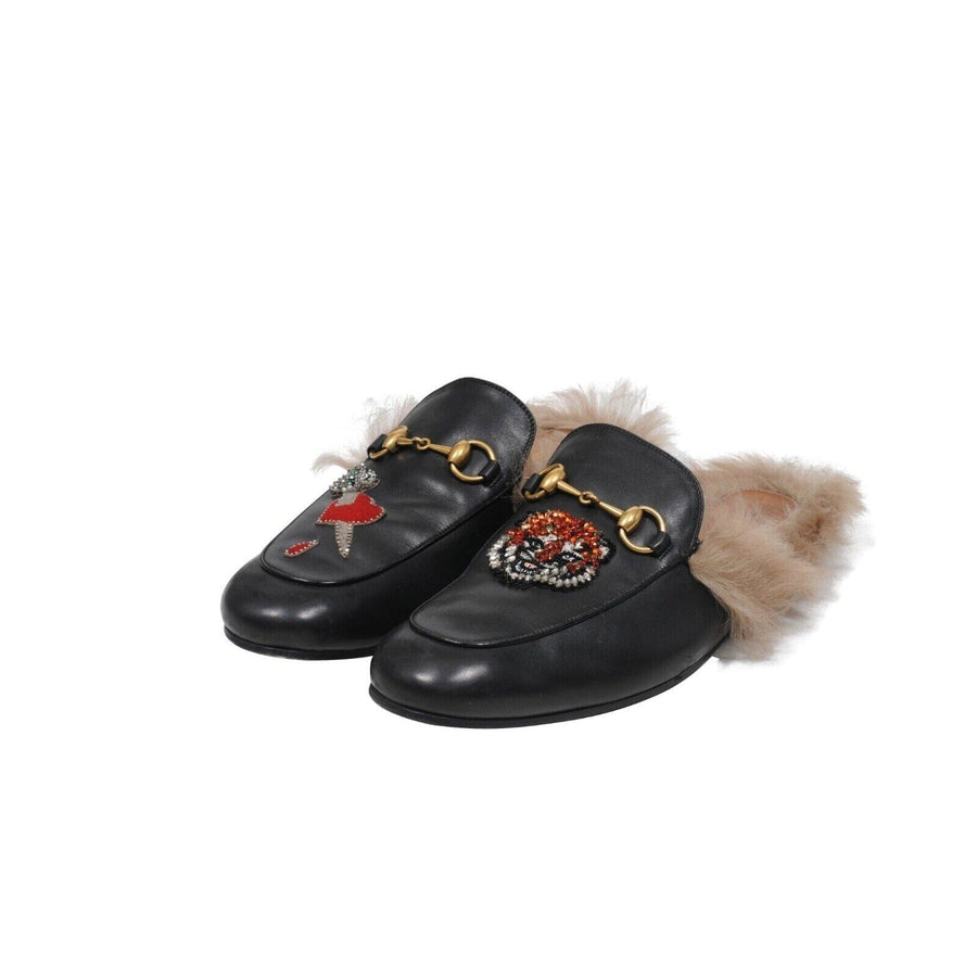 Black Leather Lion Heart Embellished Princetown Mule Slippers GUCCI 