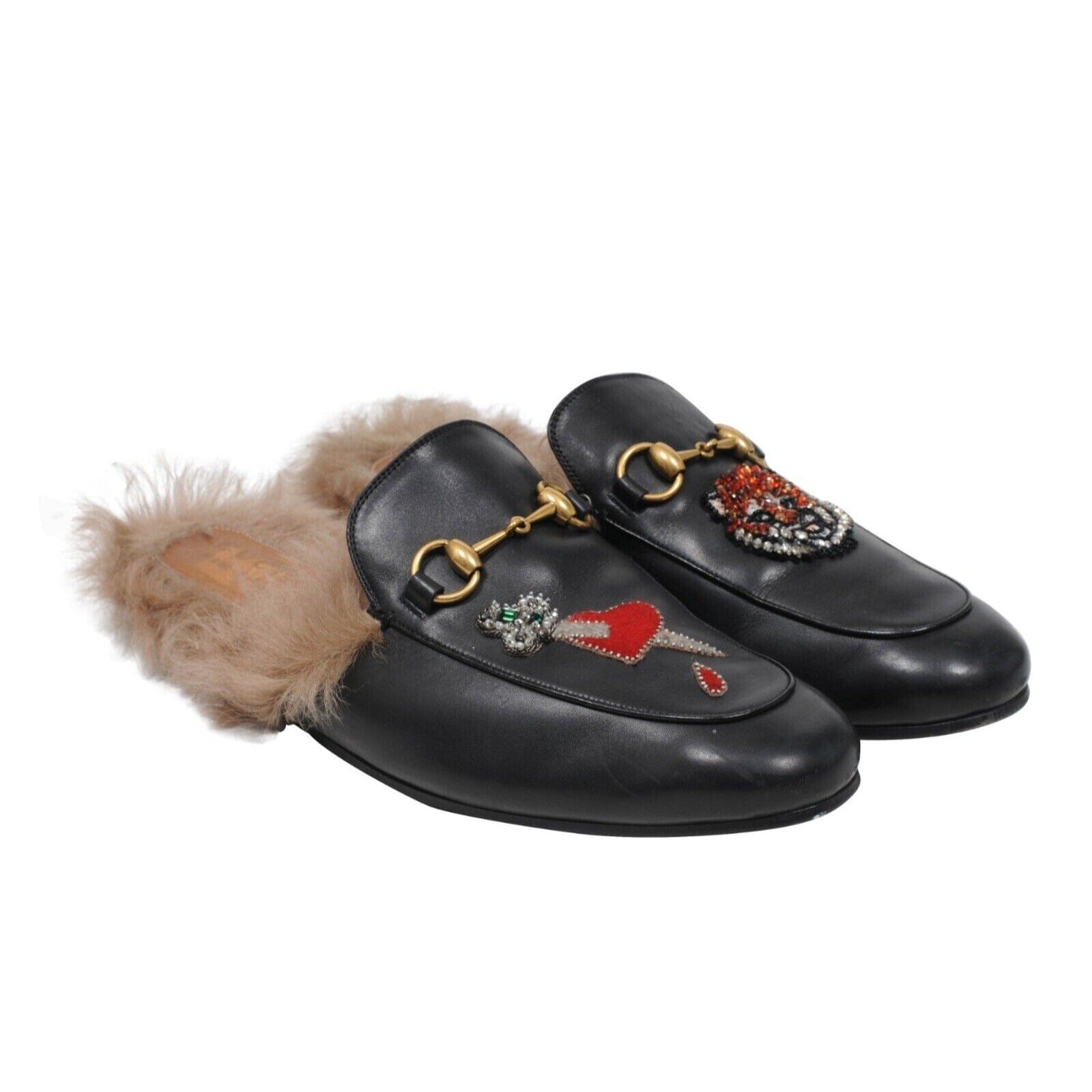 Gucci Black Leather Lion Heart Embellished Princetown Mule