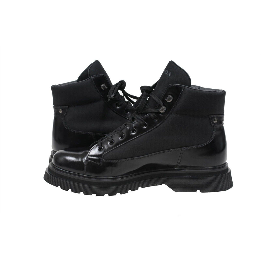 Black Leather Logo Nylon Chunky Platform Combat Boots Prada 