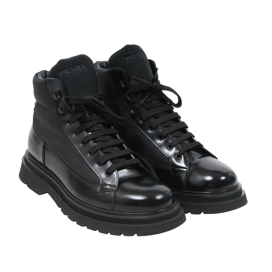 Black Leather Nylon Logo Chunky Platform Combat Boots Prada 