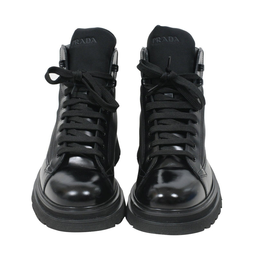 Black Leather Nylon Logo Chunky Platform Combat Boots Prada 