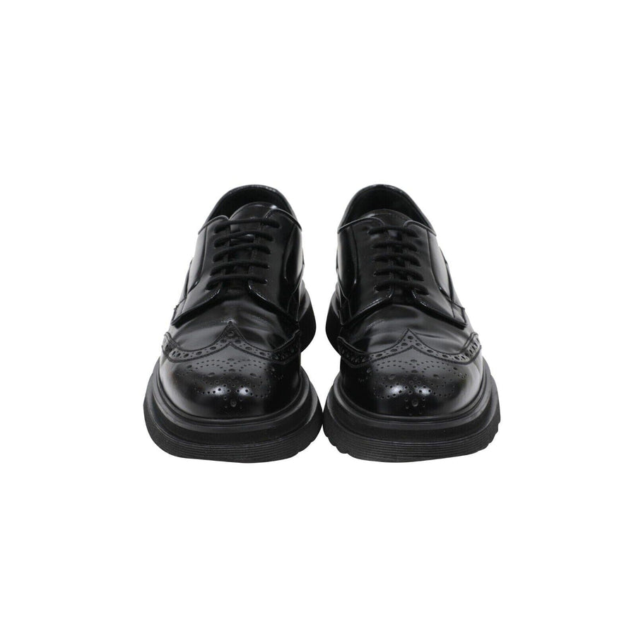 Black Leather Oxford Wingtip Brogue Chunky Derby Shoes Prada 