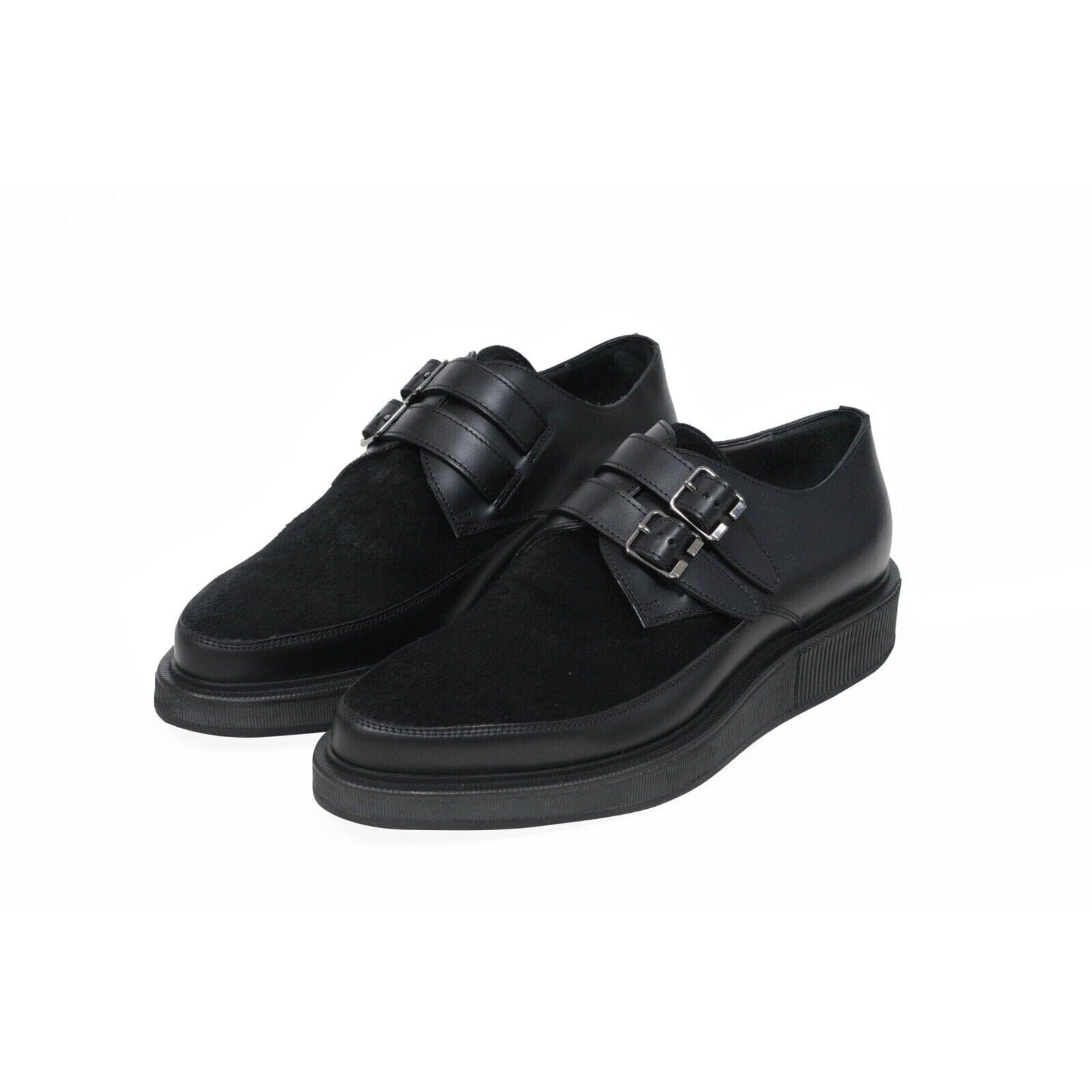 Lanvin Black Leather Pony Hair Monk Strap Chunky Creeper Derbys