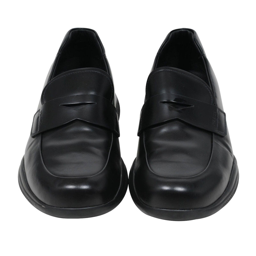 Black Leather Spazzolato Rois Rubber Sole Penny Loafers Prada 