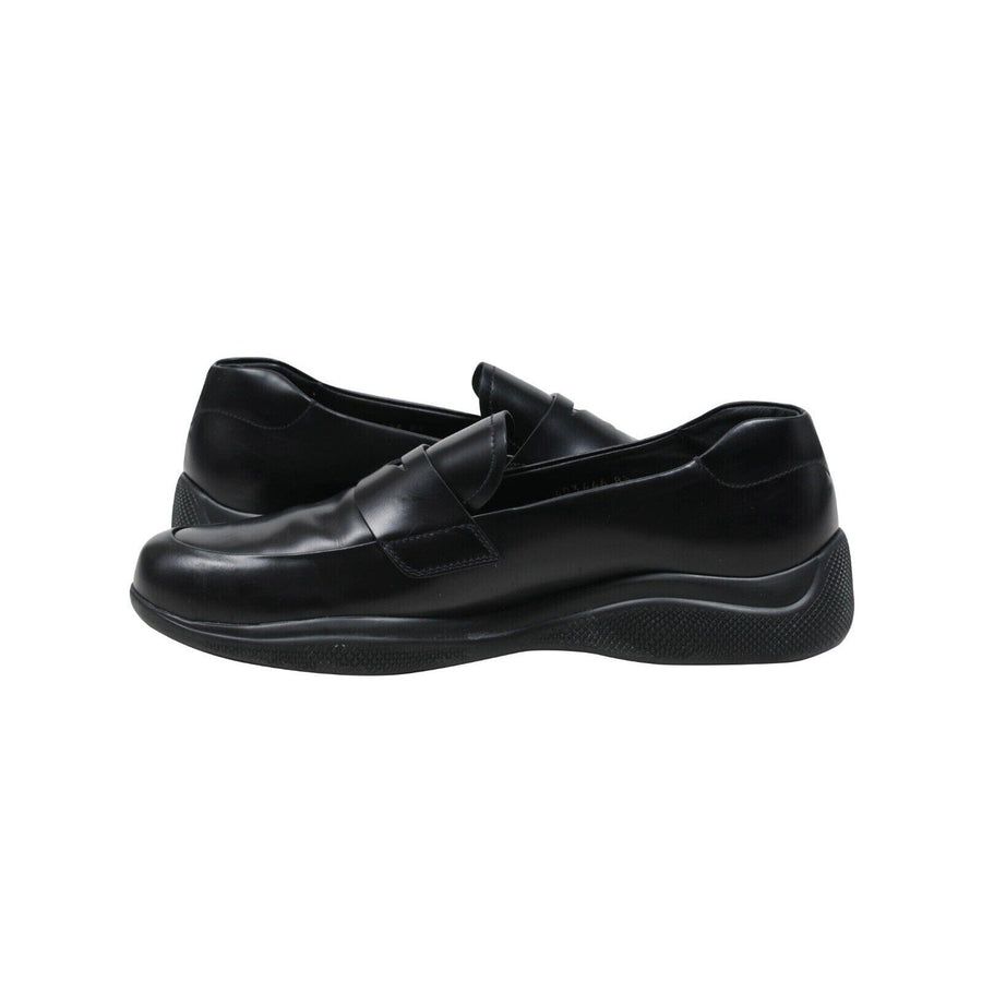 Black Leather Spazzolato Rois Rubber Sole Penny Loafers Prada 