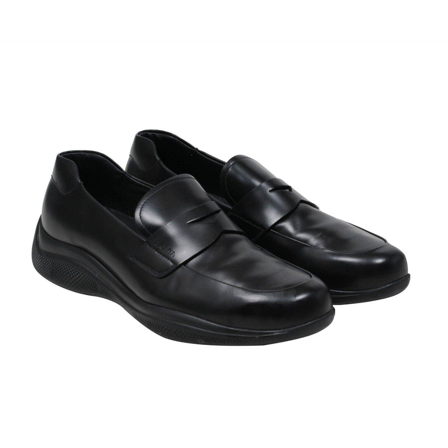 Black Leather Spazzolato Rois Rubber Sole Penny Loafers Prada 