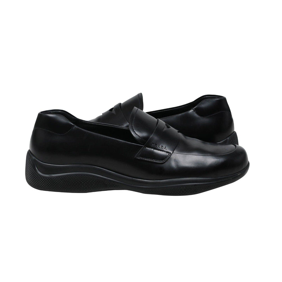 Black Leather Spazzolato Rois Rubber Sole Penny Loafers Prada 