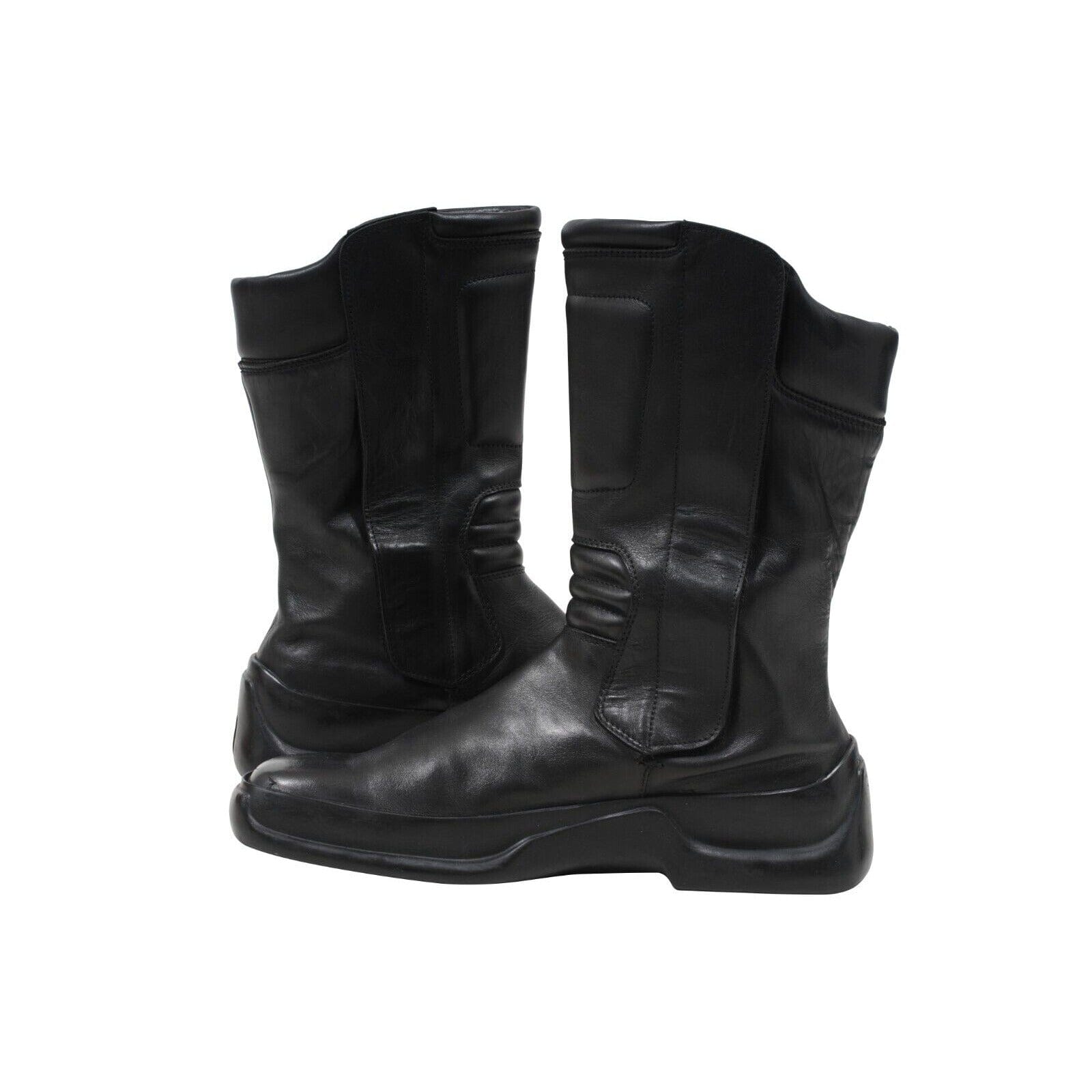 Prada Black Leather Square Toe Mid Calf Y2k Vintage Biker Boot
