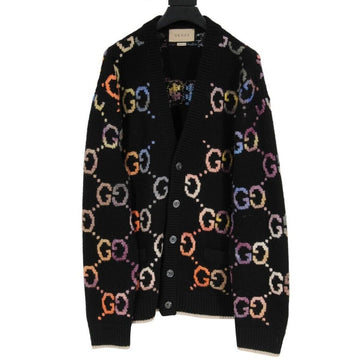 Black Multicolor Jacquared Knit Wool Stretch GG Logo Cardigan GUCCI 