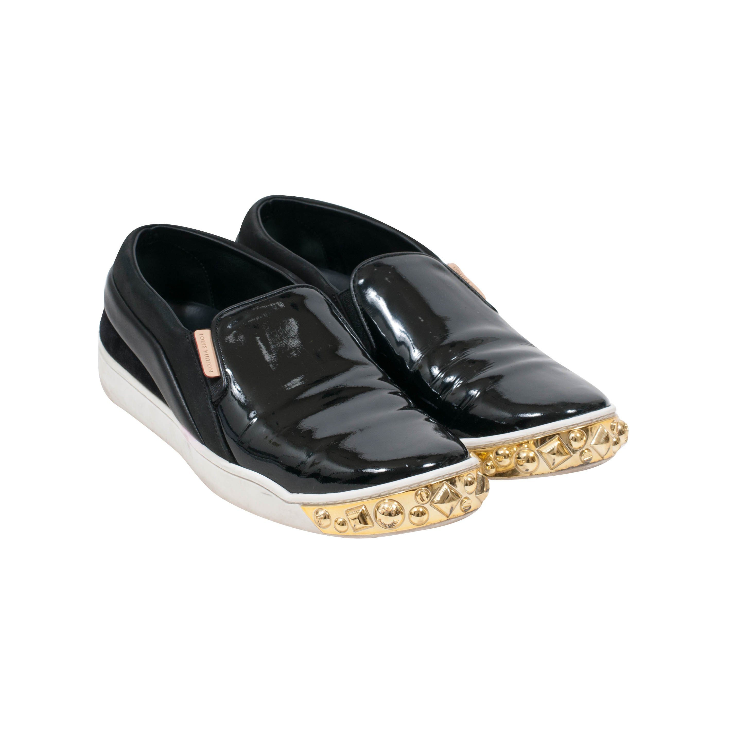 Louis Vuitton Black Patent Leather and Suede Studded Slip On Sneakers Size  36.5 at 1stDibs