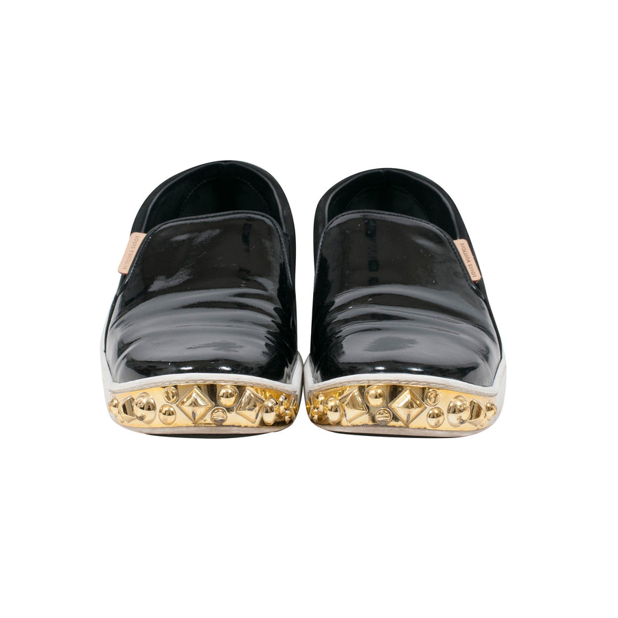 Black Patent Gold Studded Tempo Slip On Sneakers LOUIS VUITTON 