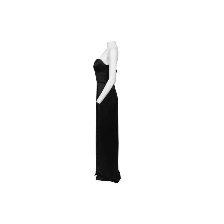 Black Satin Strapless Front Split Corset Long Maxi Dress Rasario 