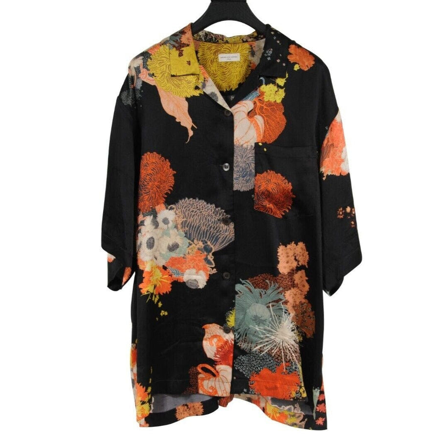 Black Silk Floral Button Down Bowling Shirt DRIES VAN NOTEN 