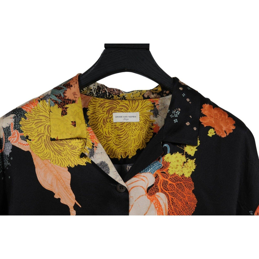 Black Silk Floral Button Down Bowling Shirt DRIES VAN NOTEN 