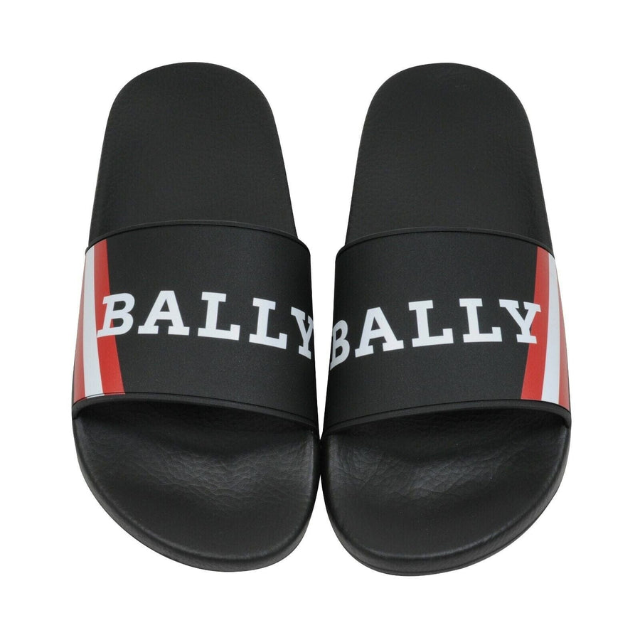 Black White Red Striped Logo Pool Slides Sandals Flip Flops Bally 