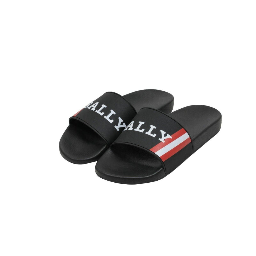 Black White Red Striped Logo Pool Slides Sandals Flip Flops Bally 