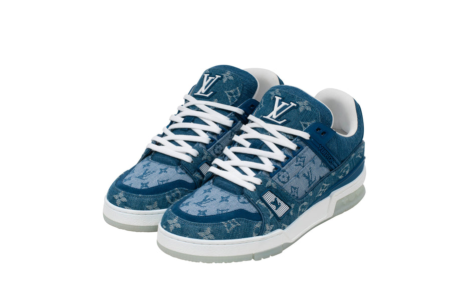 Blue Denim Logo Monogram Low Top LV Trainer Sneakers