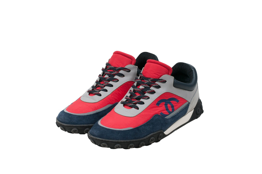 Blue & Red Nylon Suede Low Top CC Logo Trainers CHANEL 