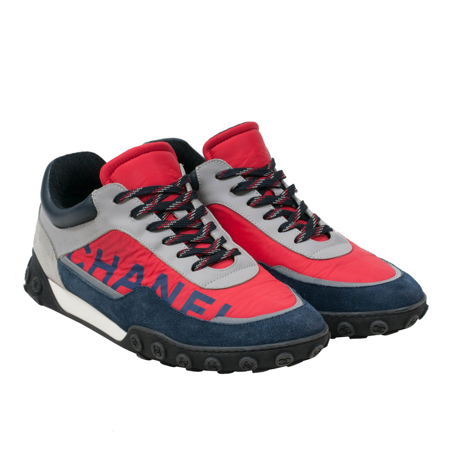 Blue & Red Nylon Suede Low Top CC Logo Trainers CHANEL 