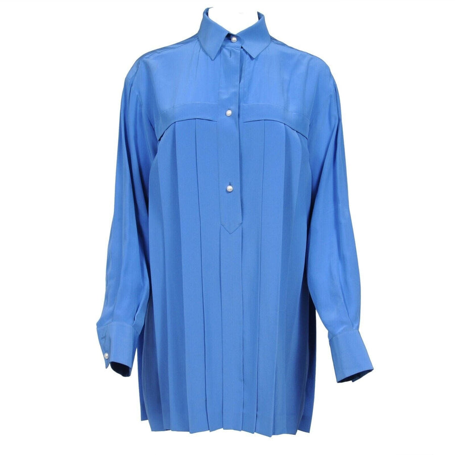 Blue Silk Pleated Blouse Shirt Dress CHANEL 