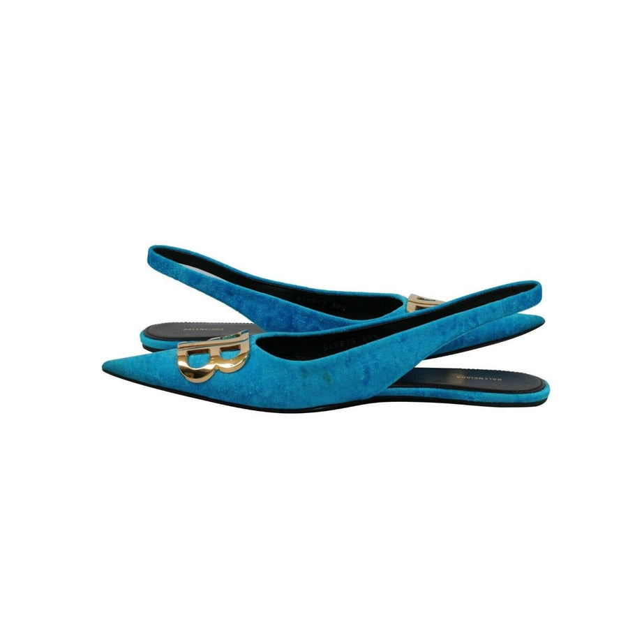 Blue Turquoise Velvet BB Knife Knit Slingback Flats BALENCIAGA 