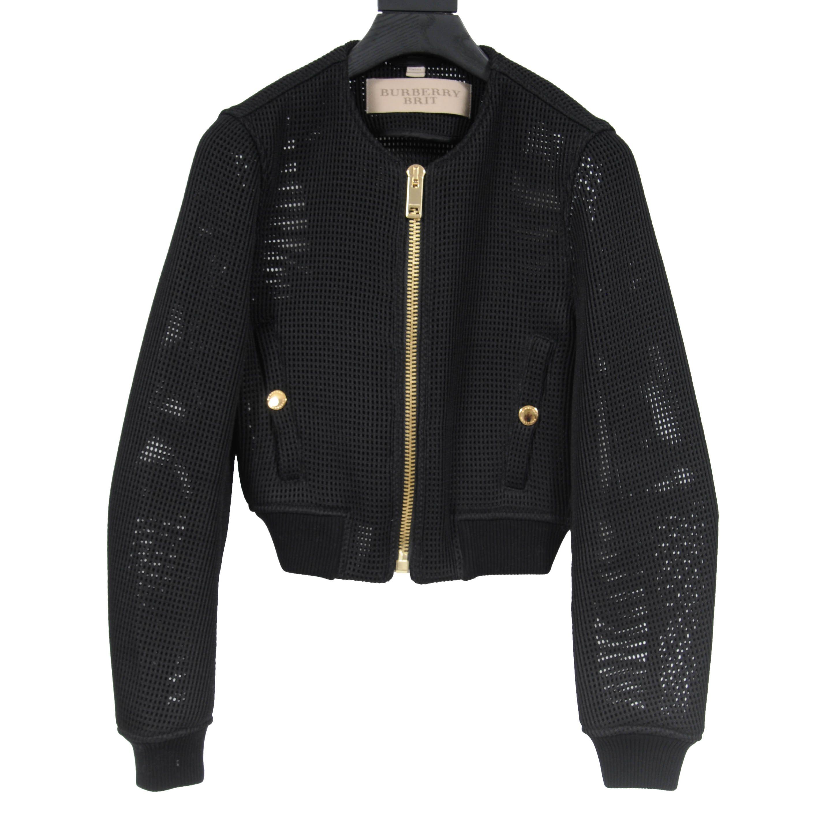 Burberry Brit Black Gold Zip Waffle Knit Mesh Cropped Bomber
