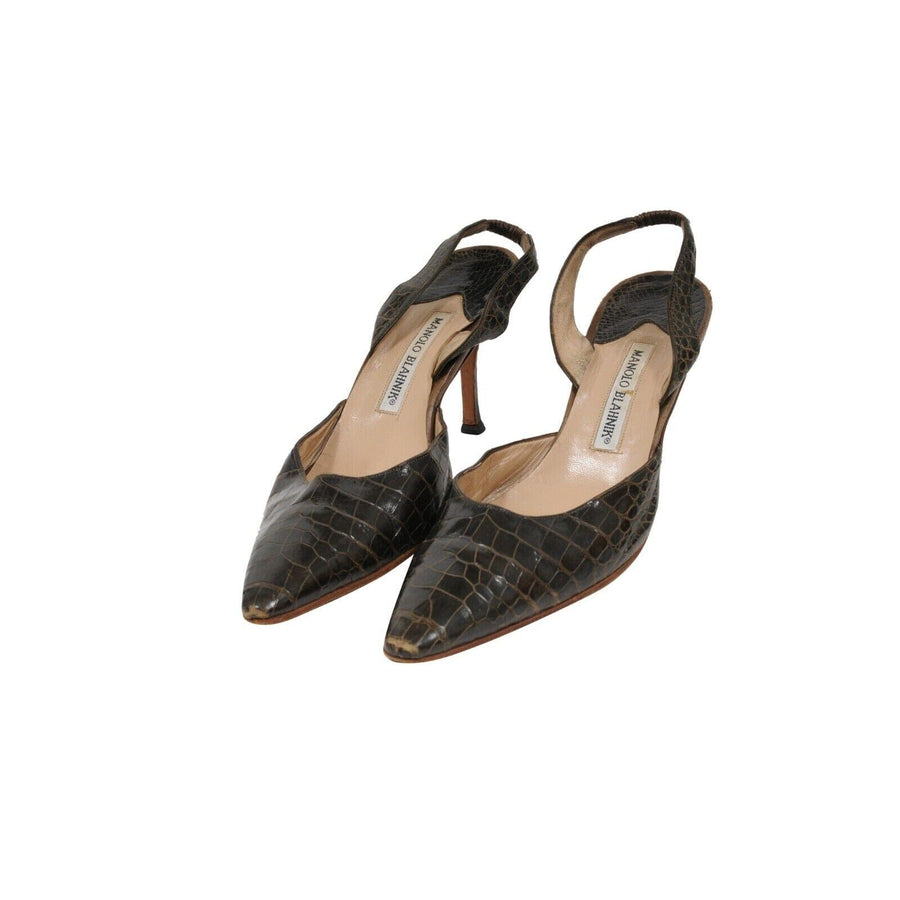 Brown 80mm Sling Back Crocodile Kitten Heels Manolo Blahnik 