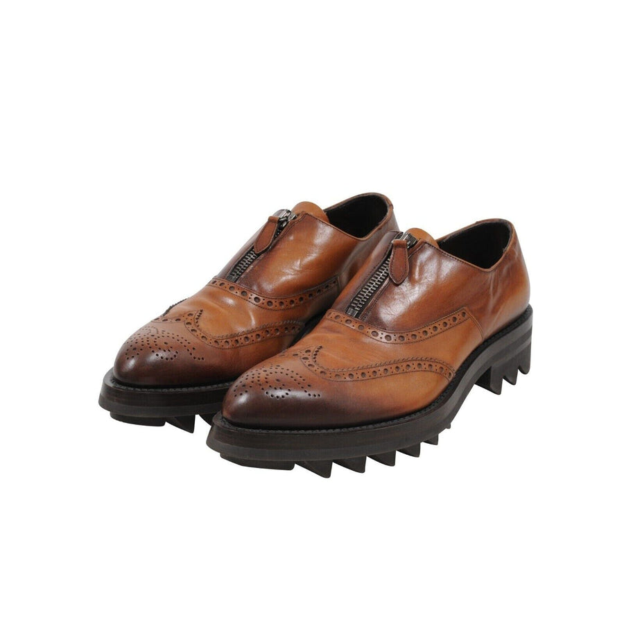 Brown Leather Medallion Wingtip Shark Tooth Brogues Oxfords Prada 