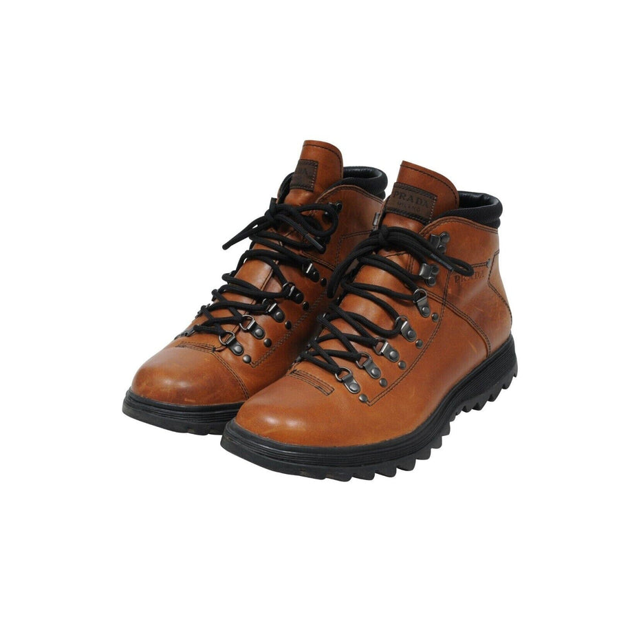 Brown Leather Ocra Hiking Logo Boots Prada 