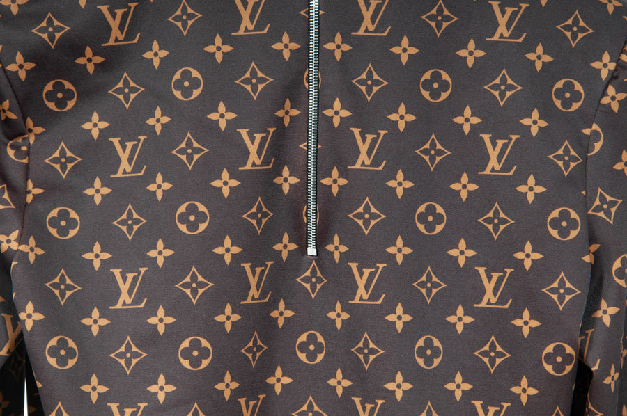 Brown Monogram Print Long Sleeved Zip Turtleneck Top LOUIS VUITTON 