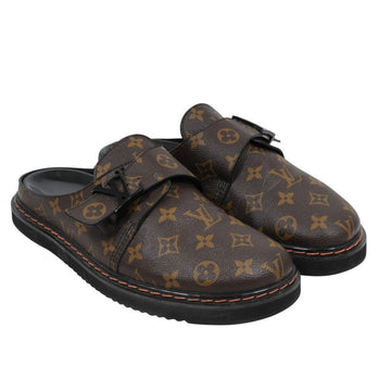 LOUIS VUITTON LV Monogram Sandals Mules size 38.5 Brown Leather Mid Heel