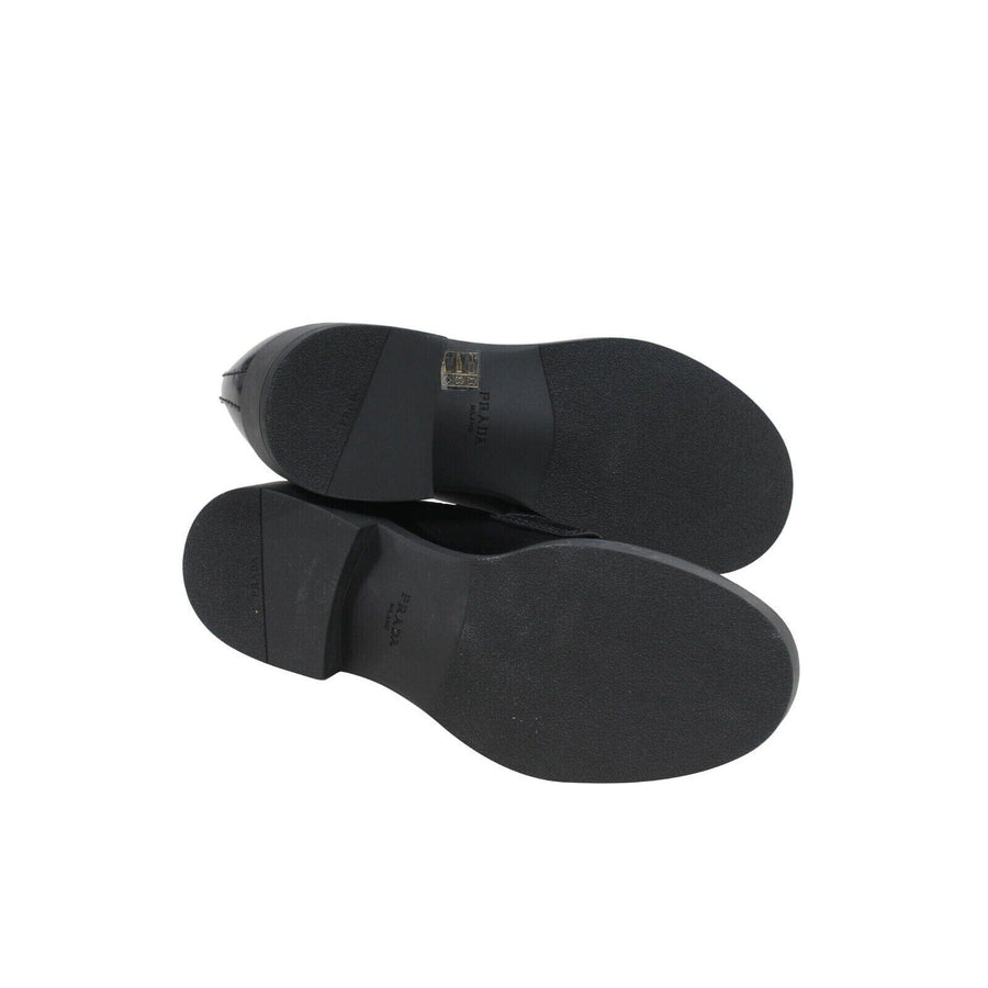 Chocolate Black Brushed Leather Logo Wingtip Slip Loafers Prada 