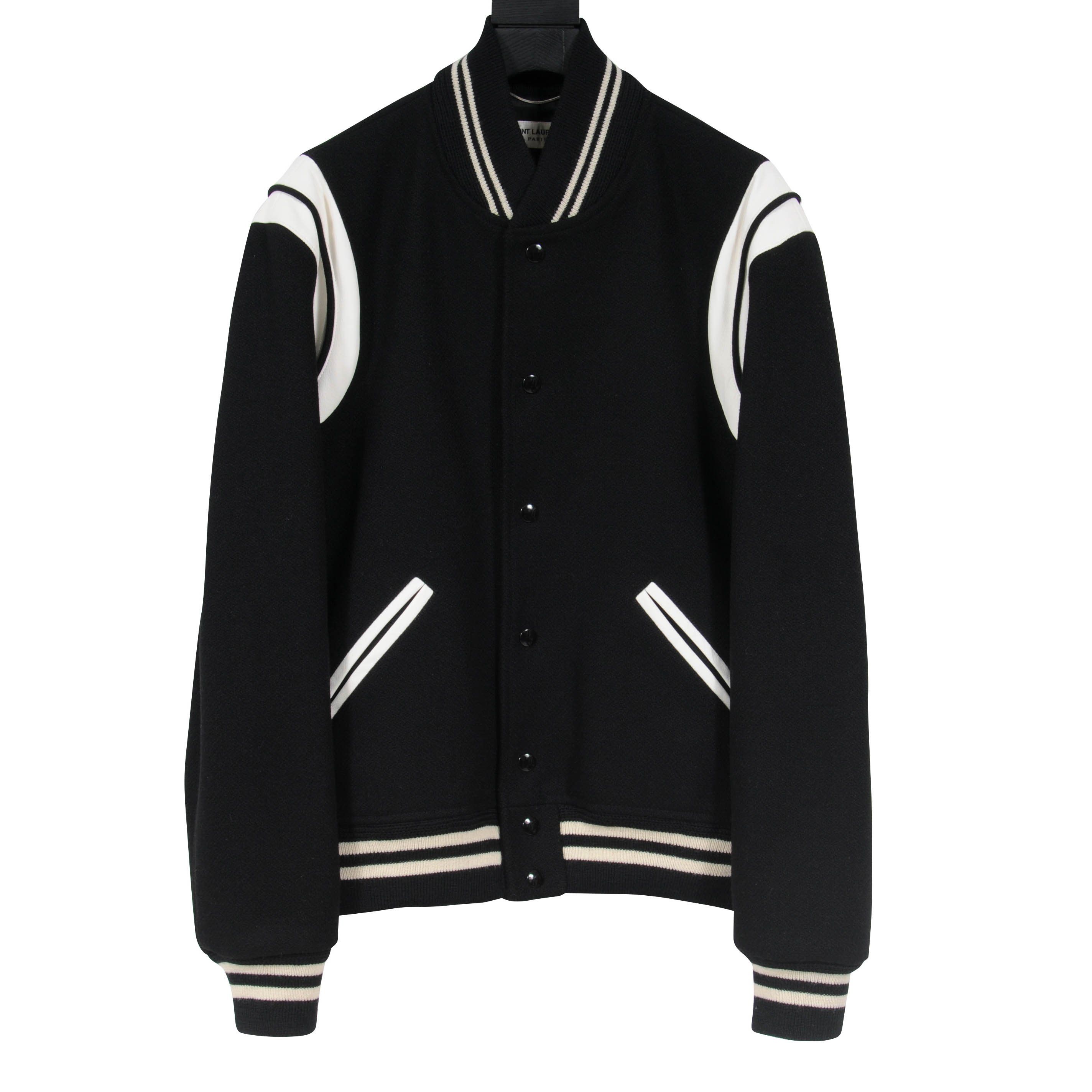 Saint Laurent Mens Classic Black White Wool Teddy Varsity Bomber Jacket Size 52 Like New THE ECHELON