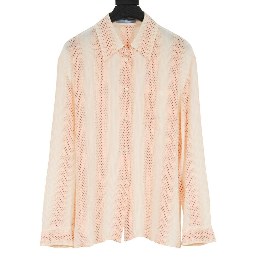 Prada Button Up Blouse Large Cream Tan Red Orange Polka Dot Stripe