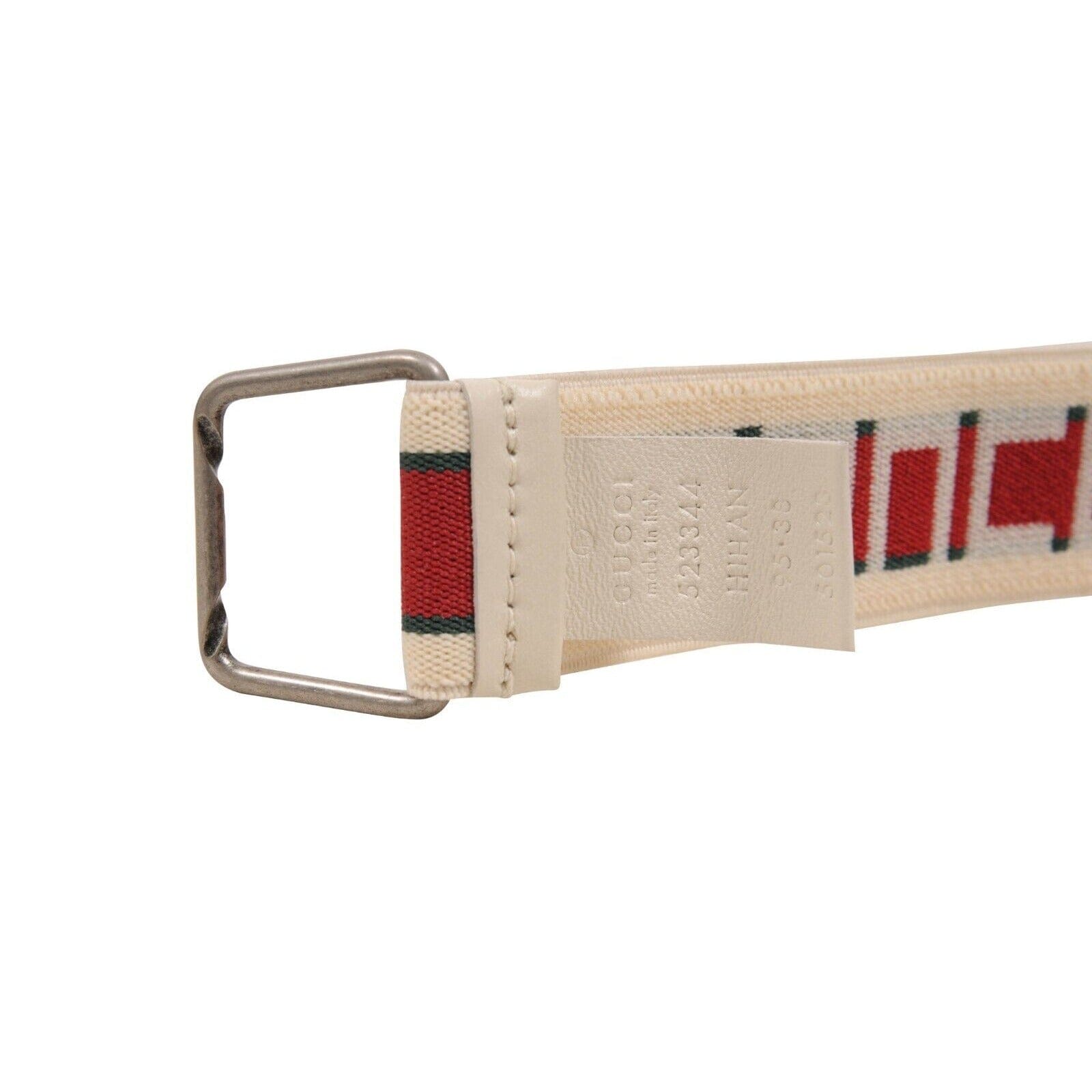 Gucci Mens Cream White Red Stretch Fabric Logo Stripe Elastic Belt  