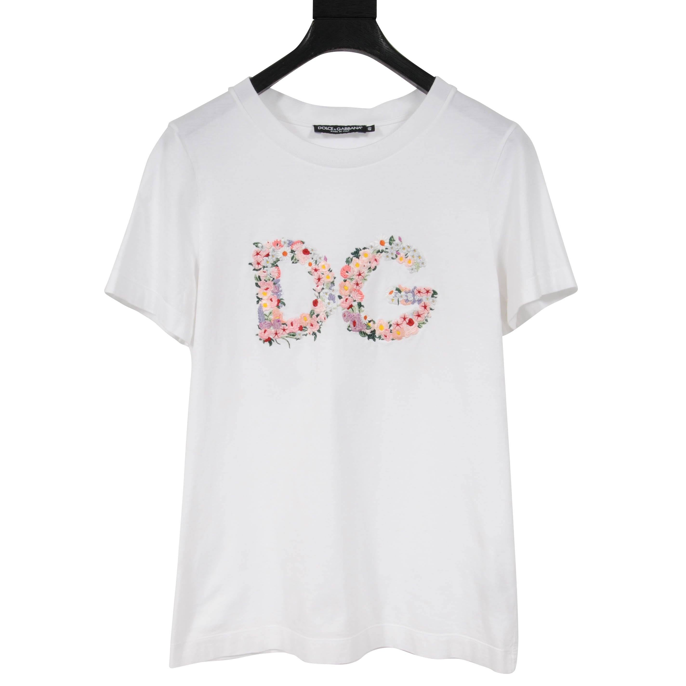 Dolce & Gabbana D&G White Pink Flower Roses Logo Short Sleeve T