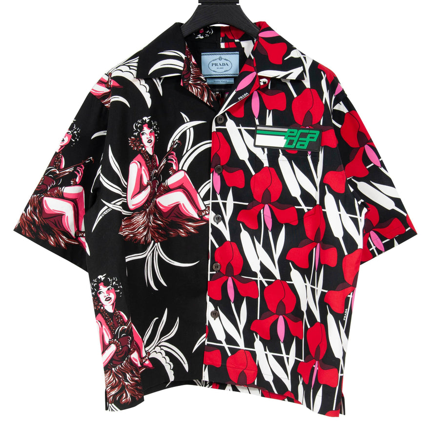 Double Match Heavy Cotton Black Red Floral Hawaiian Bowling Shirt Prada 