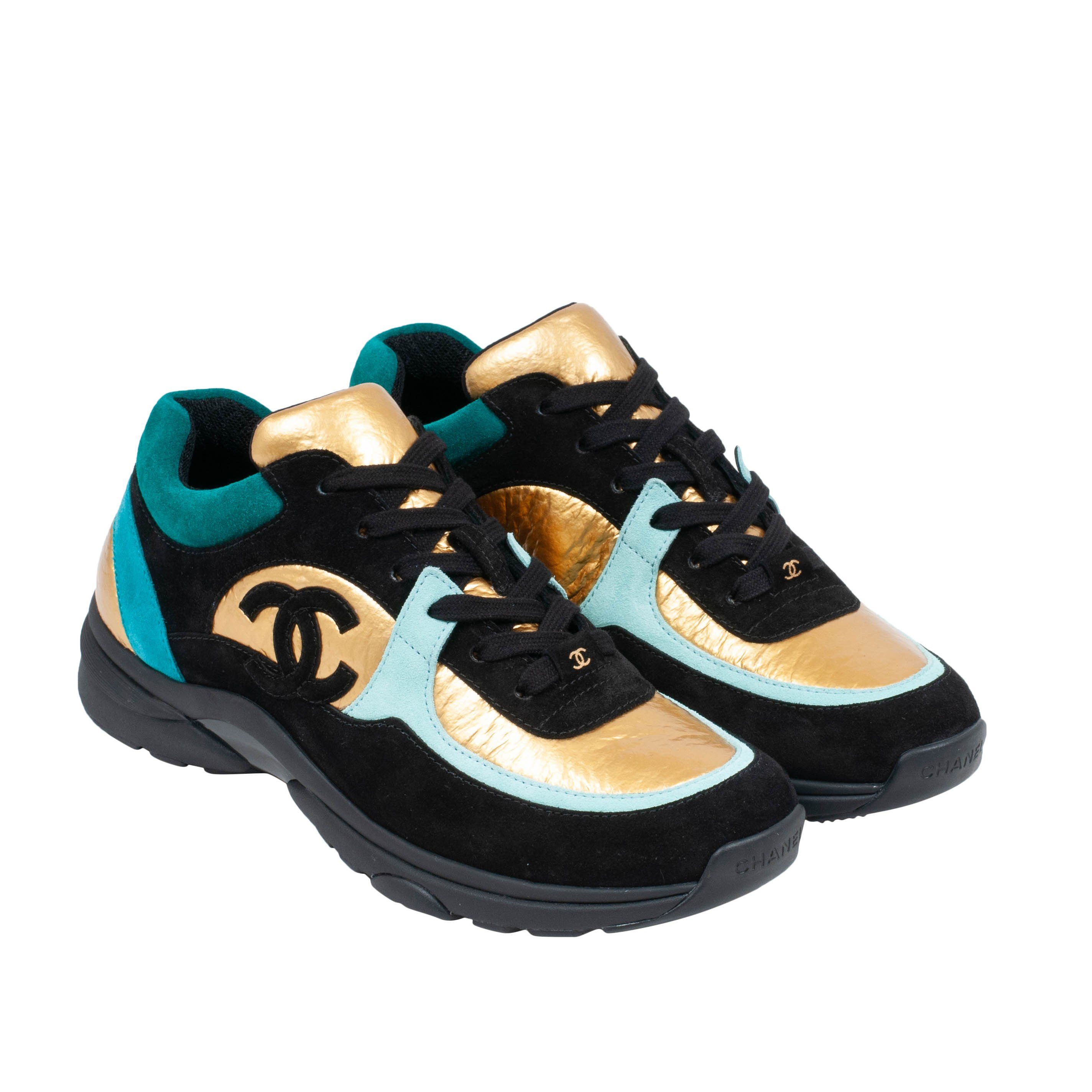 $900 19A CHANEL BLACK GOLD TURQUOISE LEATHER SNEAKERS 39.5