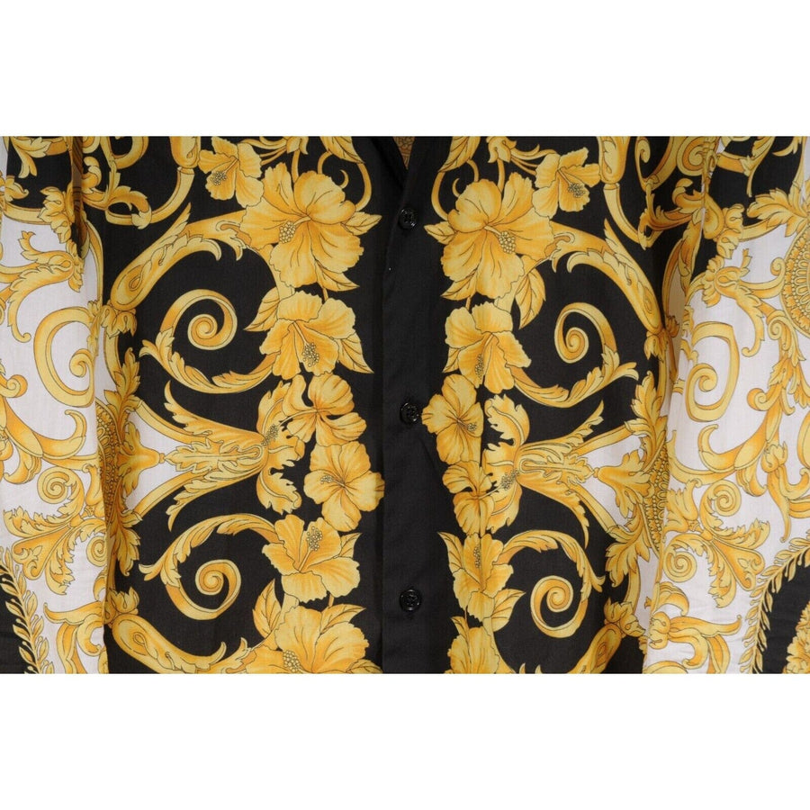Gold Black Hibiscus Print Logo Button Down Shirt Versace 