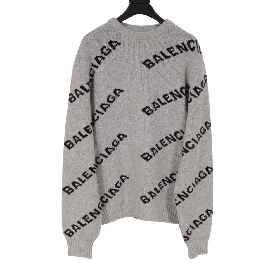Gray Black Wool Camel Pullover All Over Logo Print Sweater BALENCIAGA 