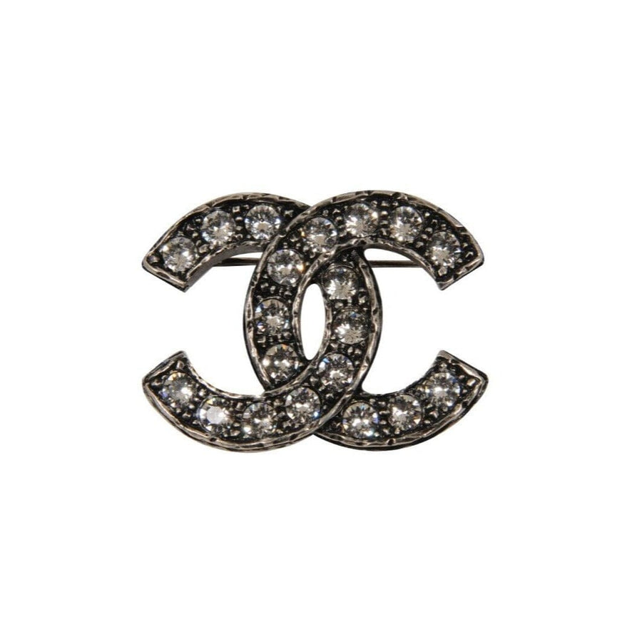Interlocking CC Logo Silver Crystal Pendant Brooch Pin CHANEL 