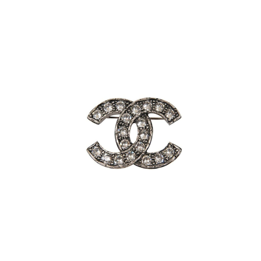 Interlocking CC Logo Silver Crystal Pendant Brooch Pin CHANEL 
