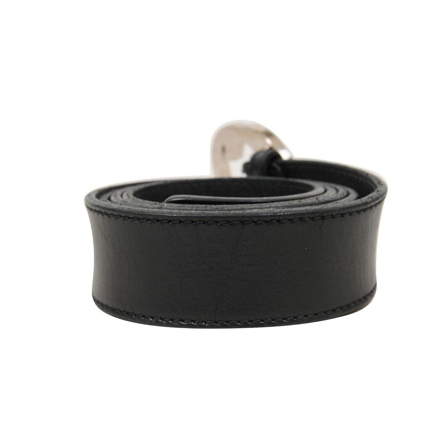 Interlocking GG Logo Belt 100 40 34 Black Leather Strap Silver Buckle GUCCI 