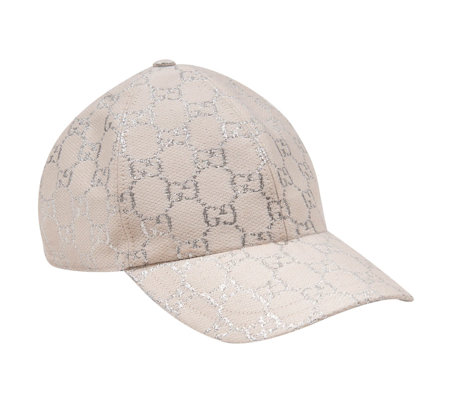 Lamé Metallic Cream Silver Jacquard Logo Baseball Hat Cap GUCCI 