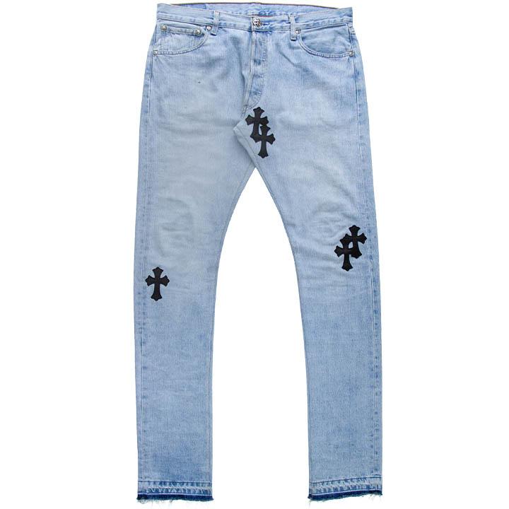 Chrome Hearts White & Blue Leather Cross Patches Jeans - SRM