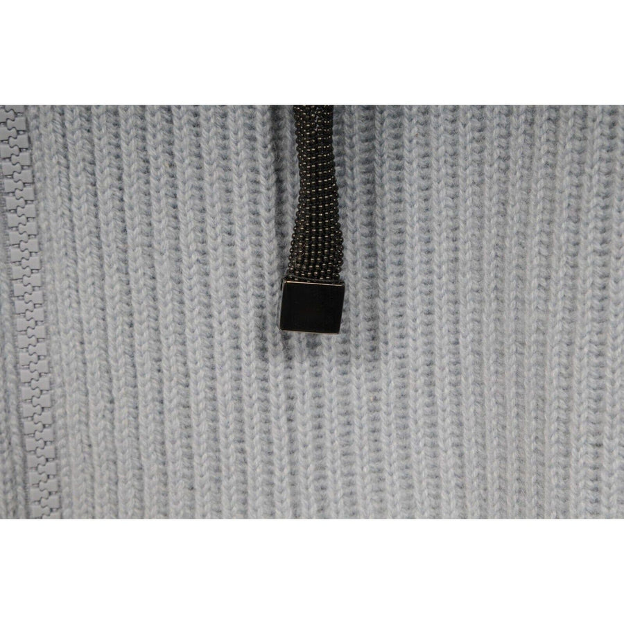 Light Blue Knit Metallic Drawstring Zip Hoodie Brunello Cucinelli 